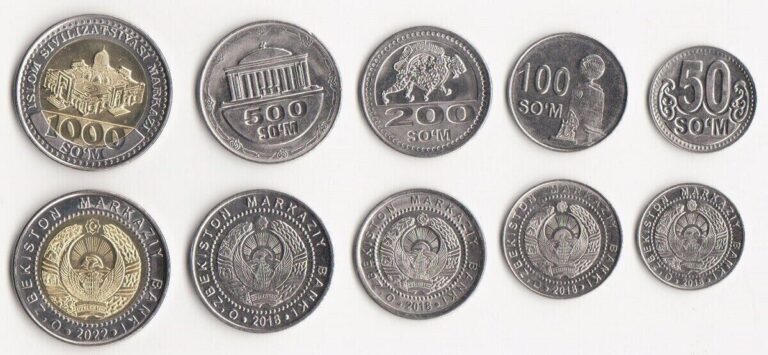 Read more about the article Uzbekistan 5 Pcs Coins SET   50 100 200 500 1000 Sum 2018 2022  UNC