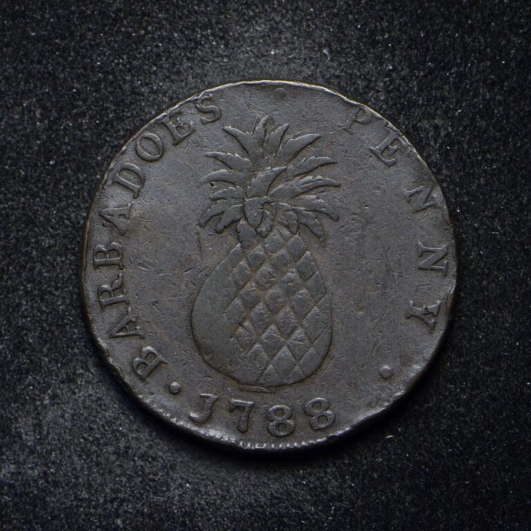 Read more about the article 1788 Barbados Penny Low Grade with R Initial Engraved into Coin (cn12815)