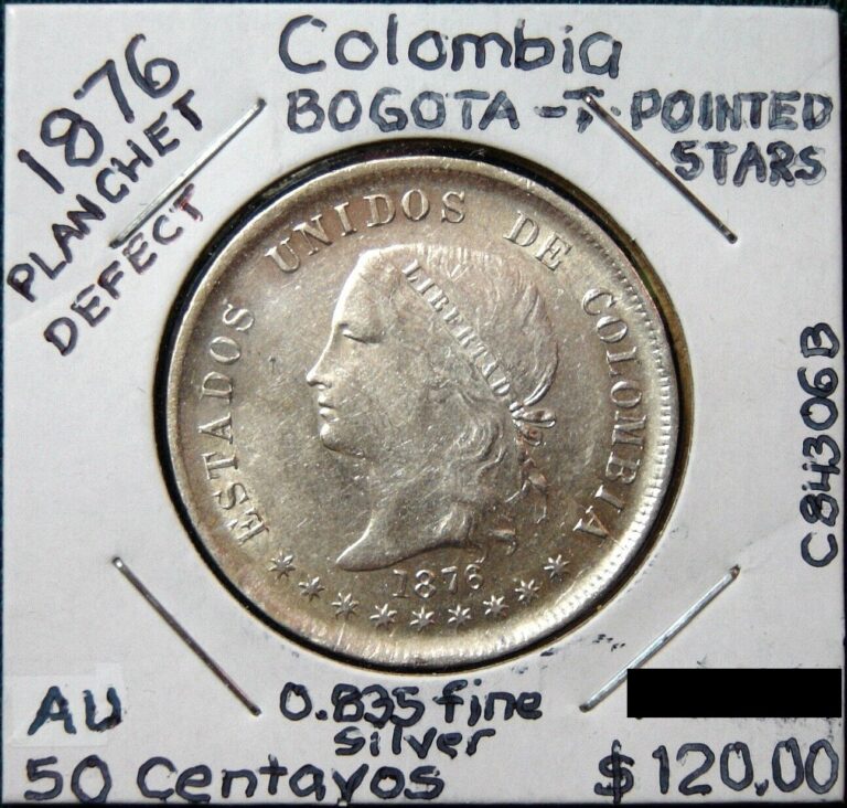 Read more about the article 1876 Colombia  50 Centavos  BOGOTA  7-POINTED STARS (0.835 fine silver)  AU