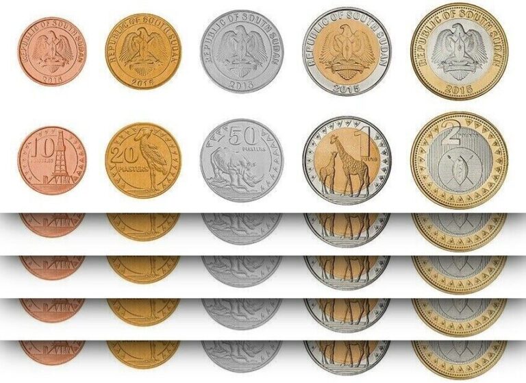 Read more about the article South Sudan 5 (x) 5 Coins SET  10 20 50 Piastres 1 2 Pounds  BIMETAL  2015  UNC