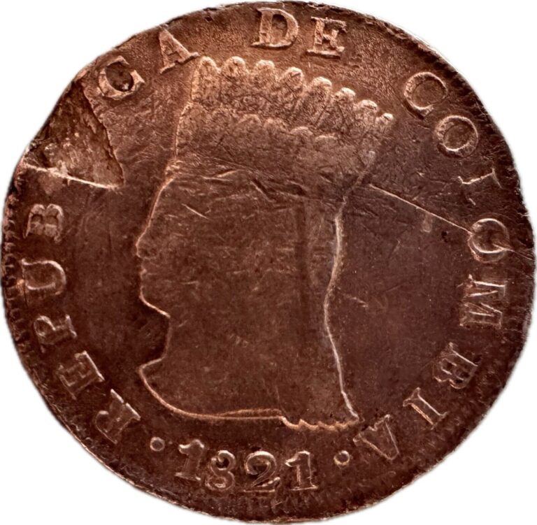 Read more about the article 1821 – Republic Of Colombia 8 Reales  Pomegranate  VG  Obverse Large ‘V’ Missing