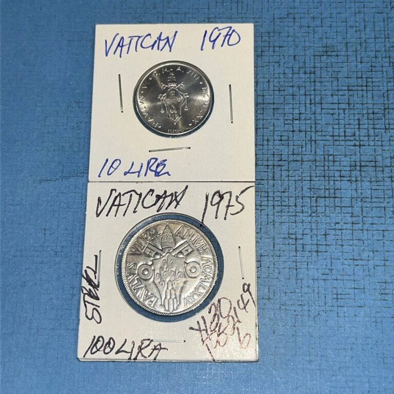 Read more about the article 2- Vatican City 1975 100 Lire Coin  1970 10 LIRA  Paul VI UNCIRCULATED