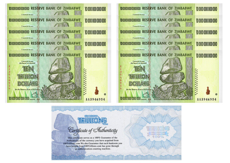 Read more about the article 10 Zimbabwe 10 Trillion  AA/2008  P-88  Circulated 100 Trillion Series CoA USA
