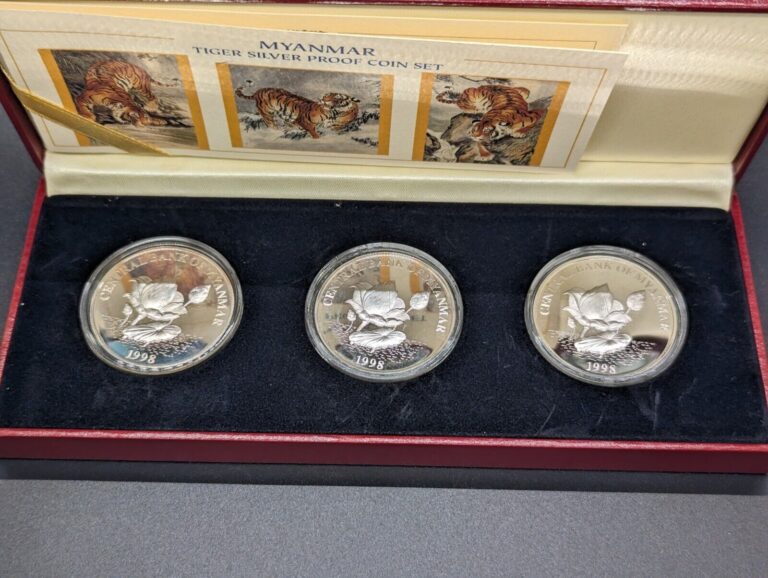 Read more about the article Myanmar 500 Kyat 1998 Year of Tiger 3 Silver Coins set Proof with box and coa