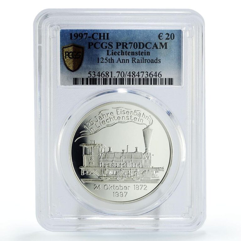 Read more about the article Liechtenstein 20 euro 125 Years of Railroads Train PR70 PCGS silver coin 1997