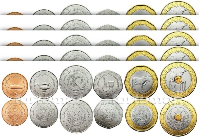 Read more about the article Mauritania Coins 5 (x) 6 PCS SET  1/5 1 2 5 10 20 Ouguiya 2017 2018  UNC BIMETAL