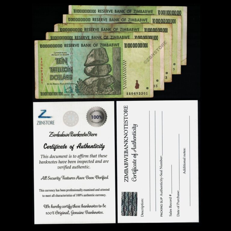 Read more about the article 5 x 10 Trillion Zimbabwe Dollars Banknotes AA 2008 Currency 100 % Authentic COA