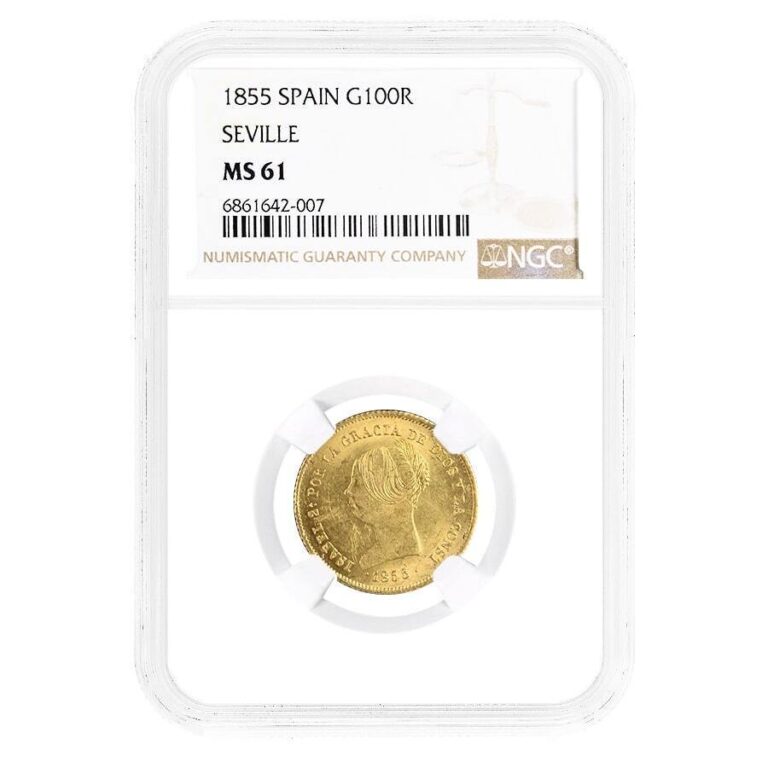 Read more about the article 1855 Spain Seville 100 Reales Isabel II Gold Coin NGC MS 61