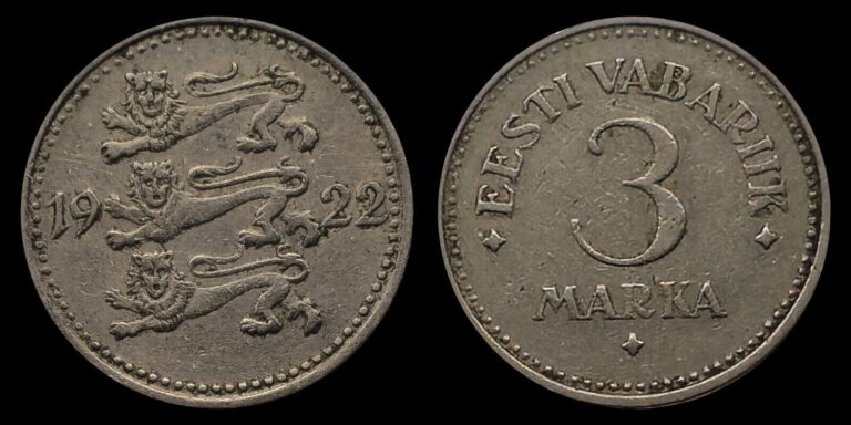 Read more about the article 1922 Estonia 3 Marka Coin  Three lions facing left divide date