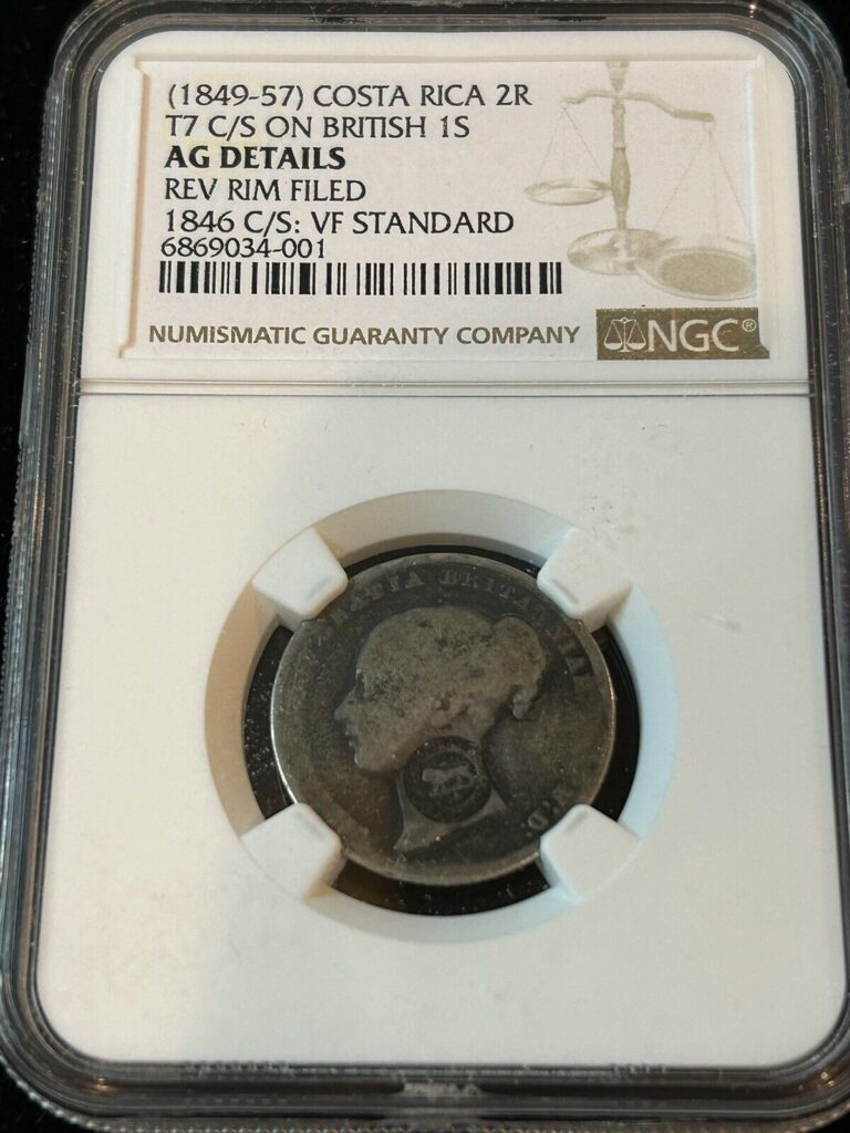 Read more about the article SASA 1849-57 Costa Rica 2 Reales Countermark On 1846 GB Shilling Ngc AG Details