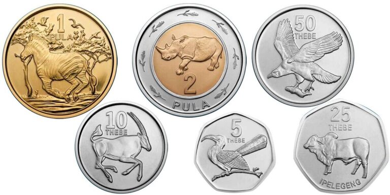 Read more about the article BOTSWANA ANIMALS 7 COINS SET 5 10 25 50 THEBE + 1 2 5 PULA BIMETAL 2013 2016 UNC