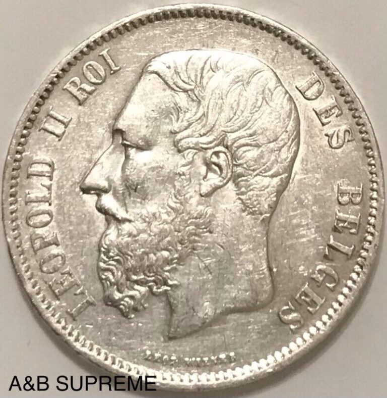 Read more about the article (1) 1835-1909 Belgium 5 Francs Crown King Leopold II XF-BU Unc. 90% Silver