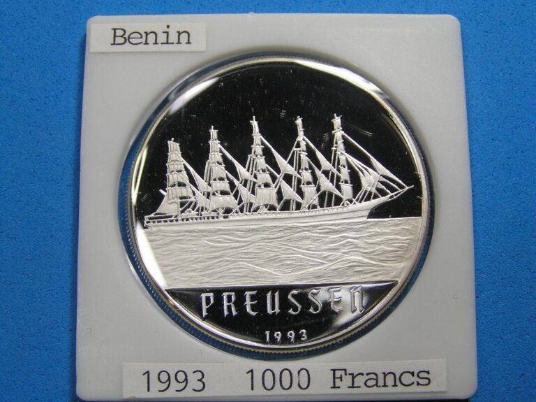 Read more about the article Benin 1000 Francs .999 Silver Coin  1993 PROOF Cameo  Sailing Ship Preussen KM#7