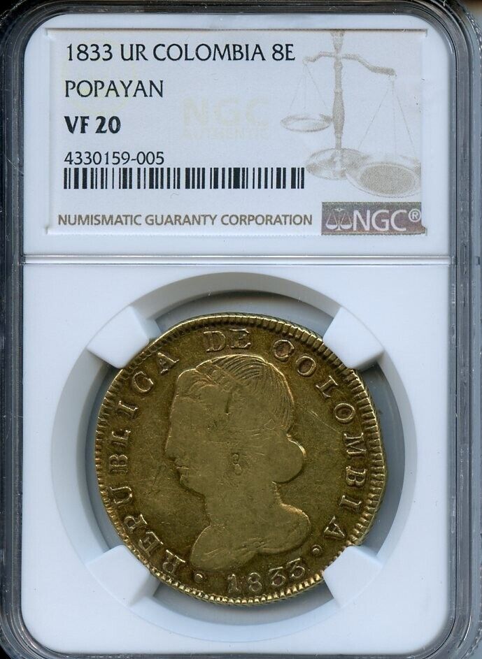 Read more about the article 1833 Colombia Gold 8 Escudo Popayan NGC VF20