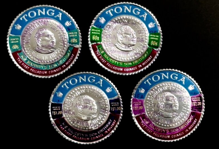 Read more about the article StampTLC Tonga CO21-4 King 50th Birthday Overprint Precious Metal PALLADIUM Coin