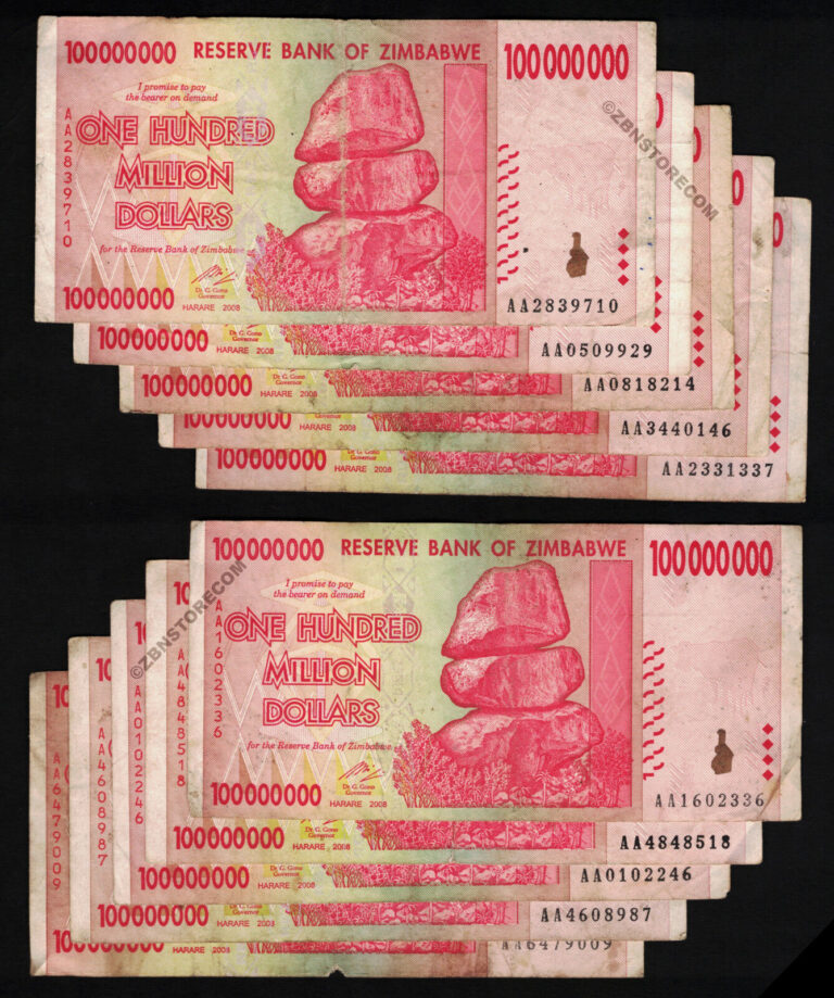 Read more about the article 10 x 100 Million Zimbabwe Dollars Banknotes AA 2008 +Certificate of Authenticity