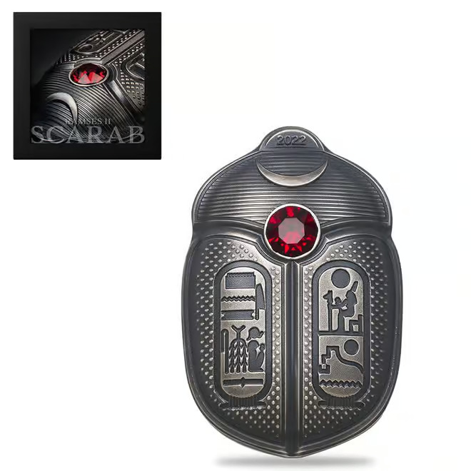 Read more about the article 2022 Palau 1 oz Silver Scarab – Ramses II Coin Antiqued .999 Fine ~ w/Box and COA