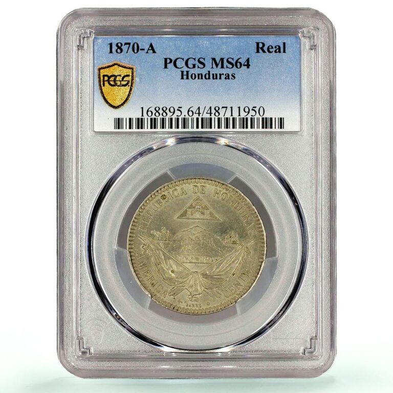Read more about the article Honduras 1 real Regular Coinage Anchor Bee MS64 PCGS NiBrass coin 1870 A