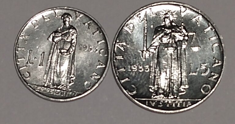 Read more about the article 1953 VATICAN CITY 1 and 5 LIRE ALUMINUM COINS POPE PIUS XII