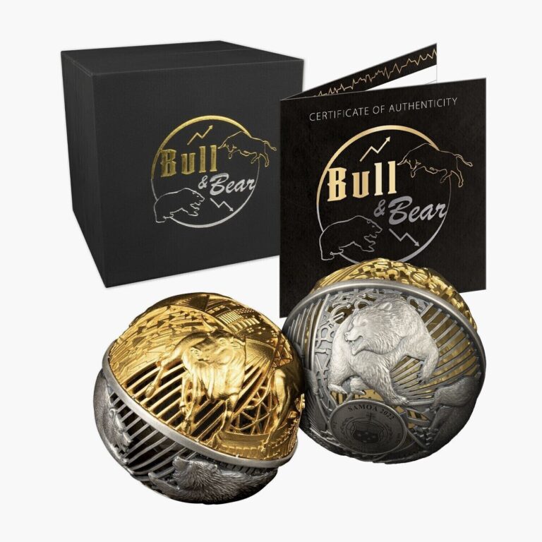 Read more about the article 2022 Samoa Bull and Bear 2oz Silver Antiqued Spherical Coin