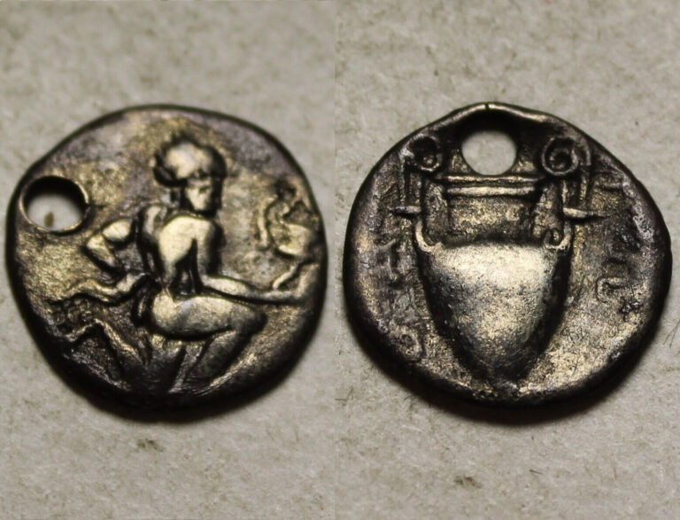 Read more about the article Rare genuine Ancient Silver Greek Coin Thasos Thrace AR Obol 450BC Satyr amphora