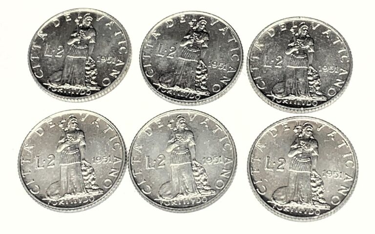 Read more about the article # C005   VATICAN CITY    COINS     2  LIRE  1951    Unc.  ( 6 COINS ALL ALIKE )