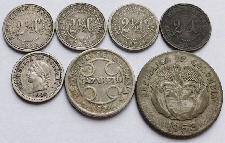 Read more about the article 7 Colombian coins  1881 2.5 Cents + Silver 1902 5C + 1921 2C + 1953 20 Centavos