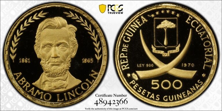 Read more about the article 1970 EQUATORIAL GUINEA GOLD 500 PESETAS ABRAHAM LINCOLN – PCGS PR 69 DCAM