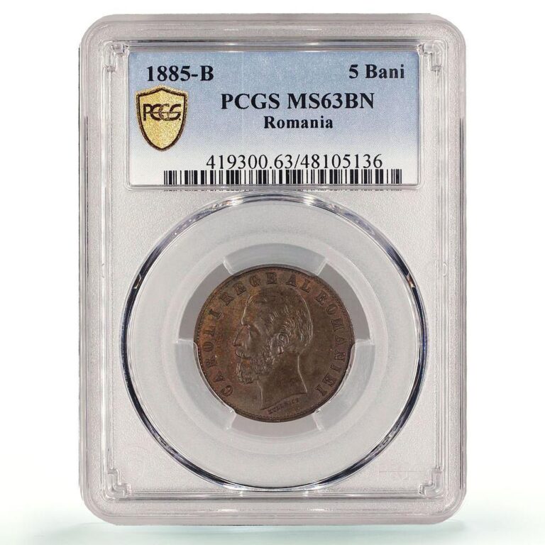 Read more about the article Romania 5 bani Regular Coinage King Carol I MS63 PCGS copper coin 1885