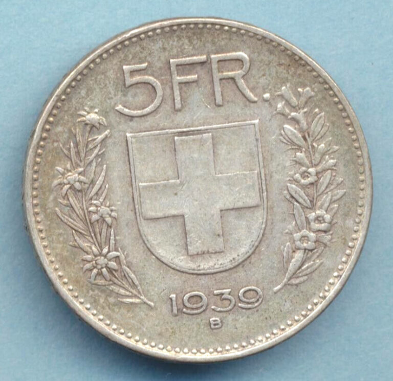 Read more about the article Switzerland 1939 B  5 Francs Silver XF   FREE SHIP