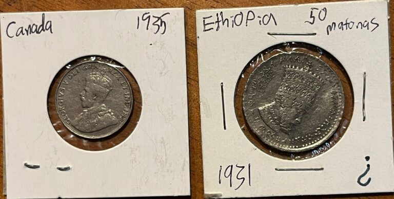 Read more about the article Lot Of 2 Rare Coins  Ethiopia (1931)Haile Selassie  50 matonas  1935 Canada 5 C.