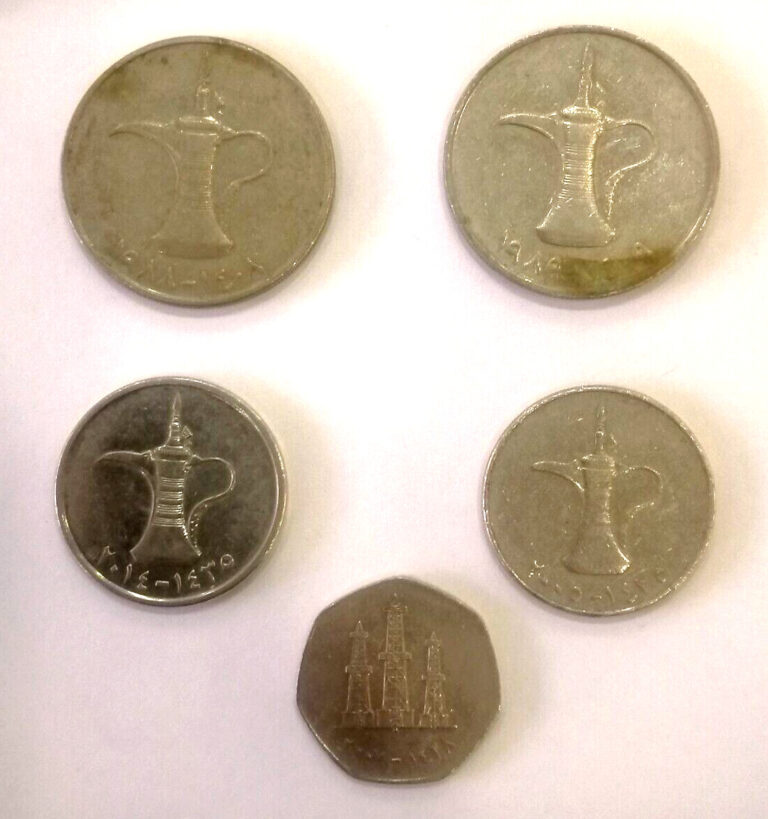 Read more about the article United Arab Emirates 5 USED 1 DERHAM COINS 1985/88/2005/2007/14 WE COMBINE