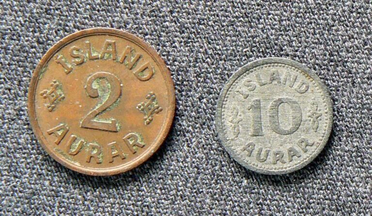 Read more about the article Two 1942 Iceland Coins – 2 Aurar and 10 Aurar (Free Shipping)