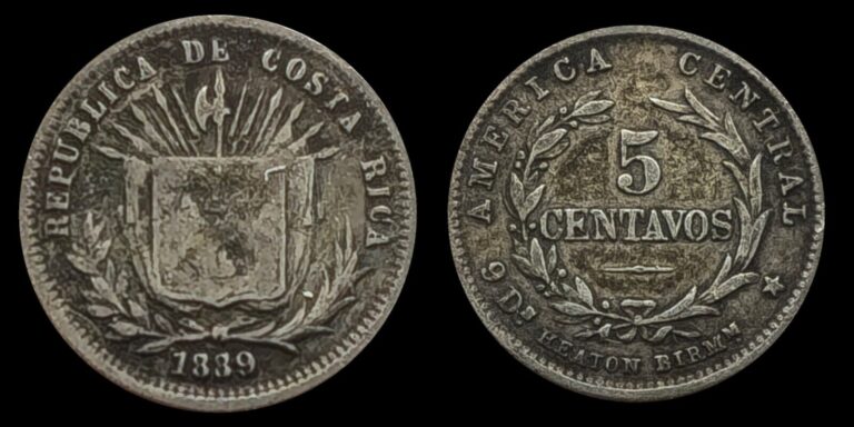 Read more about the article 1889 Costa Rica 5 Centavos Coin  .750 Silver  Flagged coat of arms  Henton Mint