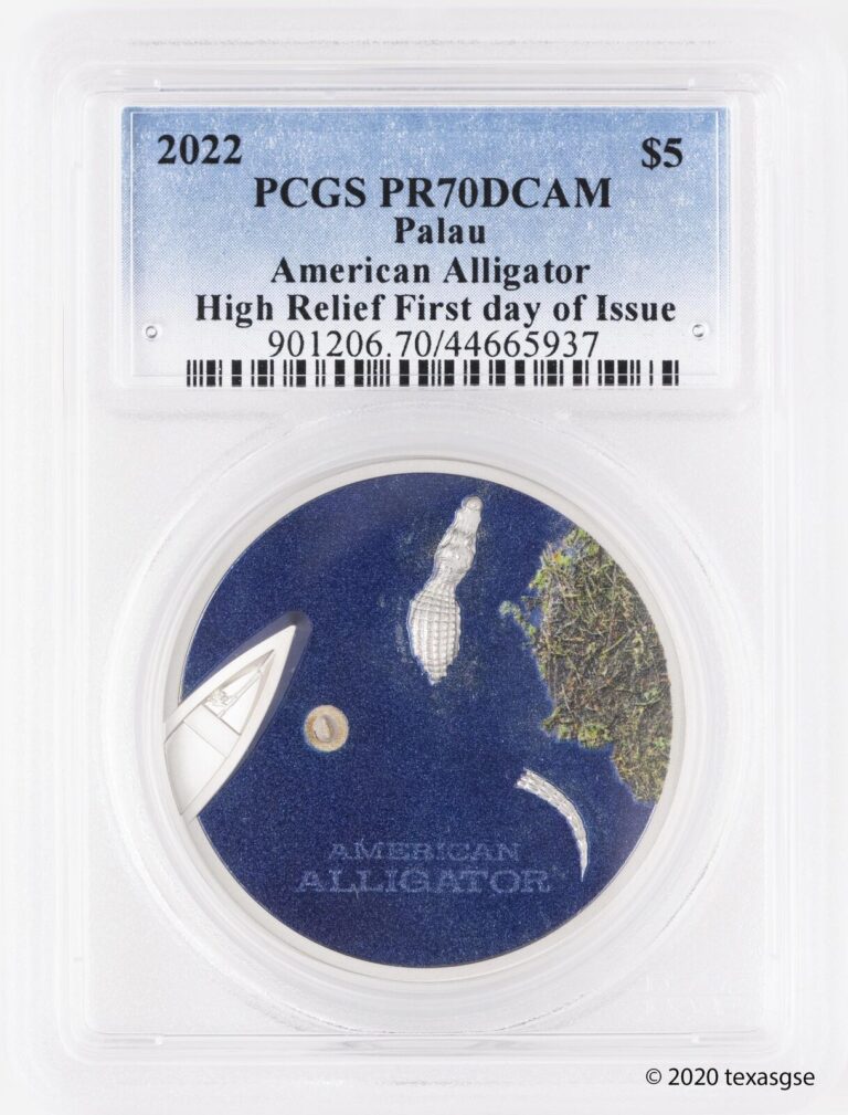 Read more about the article 2022 Palau $5 American Alligator Ultra High Relief 1oz Silver FDI PCGS PR70DCAM