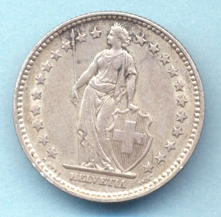Read more about the article Switzerland 1921  2 Francs Silver XF+/AU   FREE SHIP