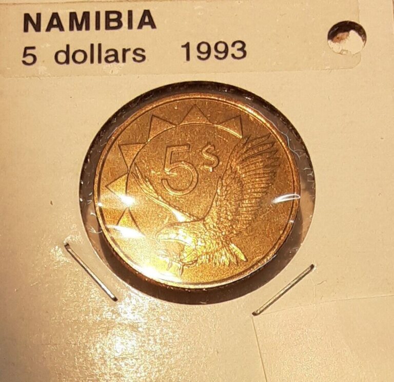 Read more about the article 1993 Namibia 5 Dollar Aluminum-Bronze Coin – Coat of Arms/Eagle   BU