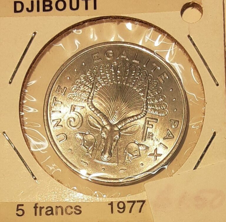 Read more about the article 1977 Djibouti 5 Francs Aluminum Coin – Coat of Arms/Waterbuck  BU