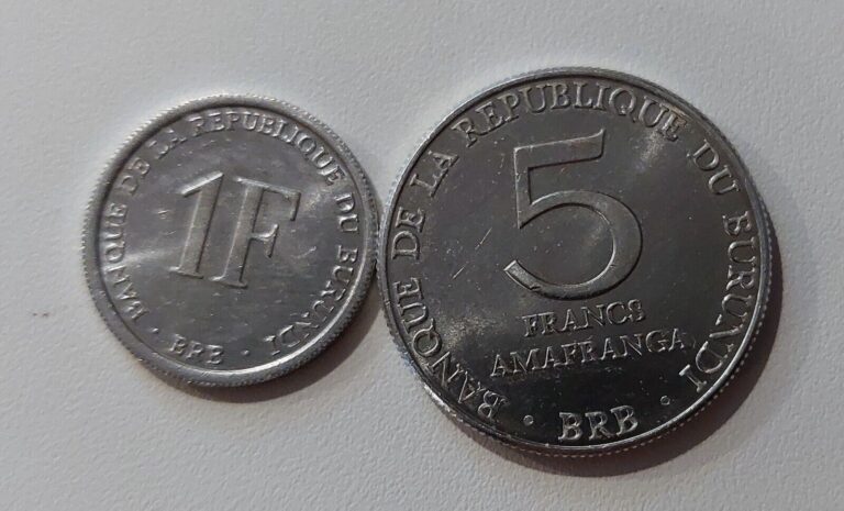 Read more about the article Burundi 2 Coins Lot 1 franc 2003 + 5 Francs 1980 Aluminium