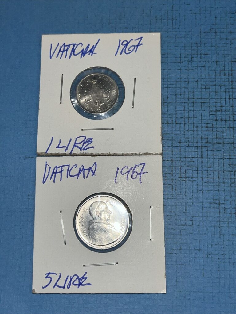 Read more about the article 2-1967 Vatican City coins 1 and 5 Lira POPE PAVLVS VI UNCIRCULATED