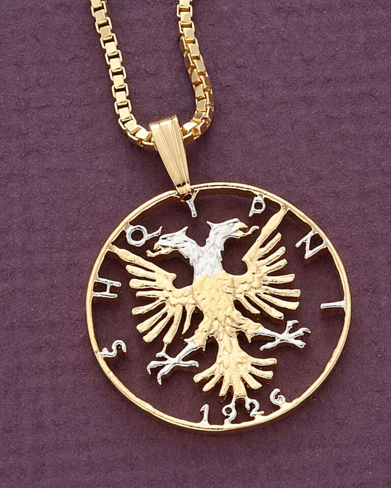 Read more about the article Albania Eagle Pendant Necklace Handcut Coin 14Kand Rhodium Plated 7/8″dia ( # 1 )