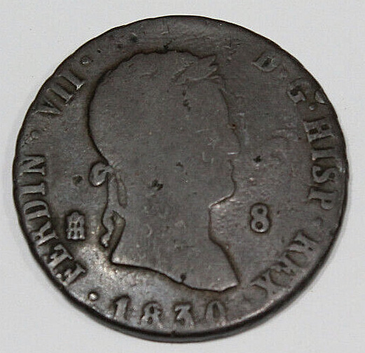 Read more about the article 1830 Spain 8 Maravedis Copper Coin Fernando VII Actual Coin Pictured