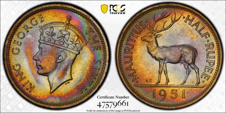 Read more about the article Toned 1951 Mauritius 1/2 Half Rupee | PCGS MS65