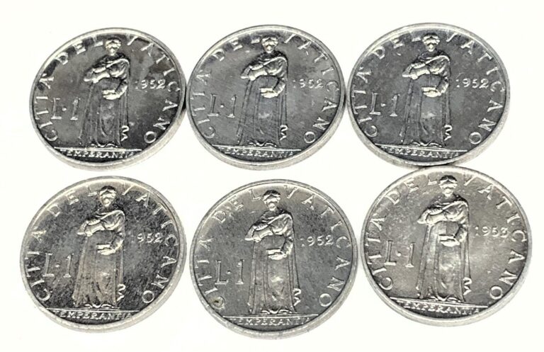 Read more about the article # C004   VATICAN CITY    COINS     ONE LIRA  1952    Unc.  ( 6 COINS ALL ALIKE )