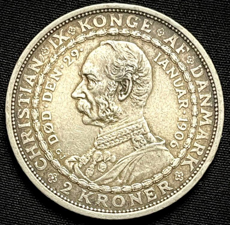 Read more about the article 1906 Silver Denmark 2 Kroner Frederick VIII Death of Christian IX Coin