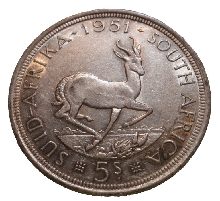 Read more about the article 1951 South Africa 5 Shillings 28g SILVER Crown Size Coin Nice AU Littleton Coin