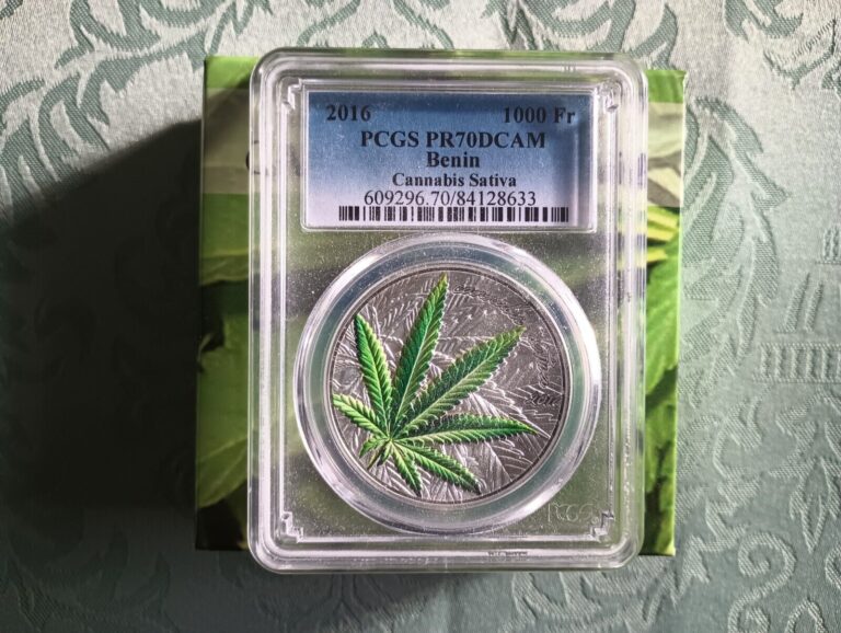 Read more about the article 2016 Benin Cannabis Sativa 1 oz Silver Weed Coin PCGS PR 70 DCAM 1000 Francs