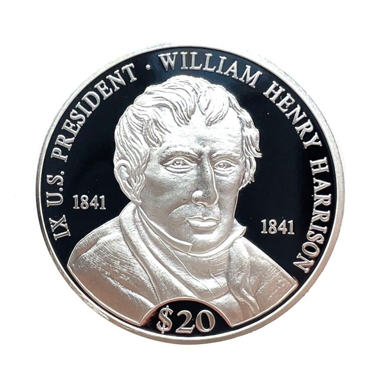 Read more about the article 2000 LIBERIA IX President William Henry Harrison 20gr .999 Silver Proof $20 Coin
