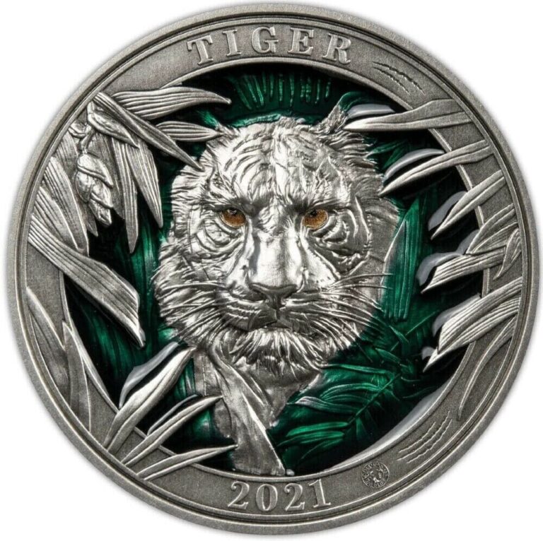 Read more about the article 2021 Barbados Colours of Wildlife Tiger 3 oz Silver Ultra High Relief Coin