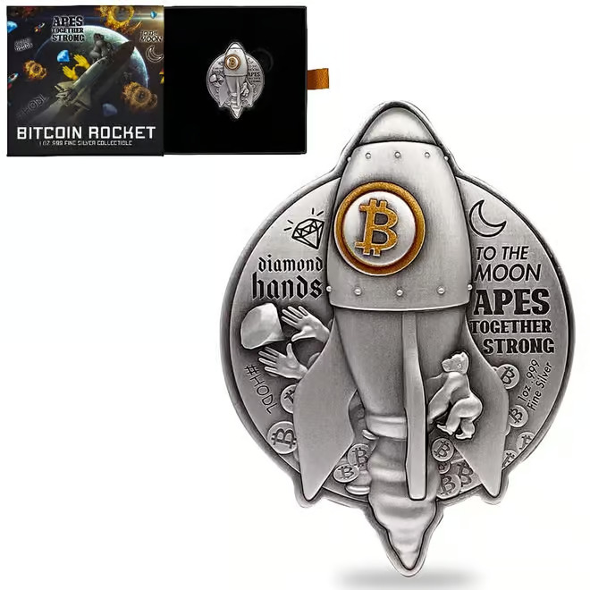 Read more about the article 2022 Chad 1 Oz Silver Bitcoin Rocket Antiqued High Relief Coin .999 ~ New in Box